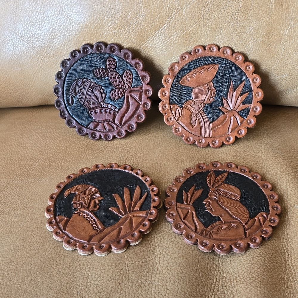 Hand‑Tooled Leather Coaster Set of 4 – Peruvian Character Designs